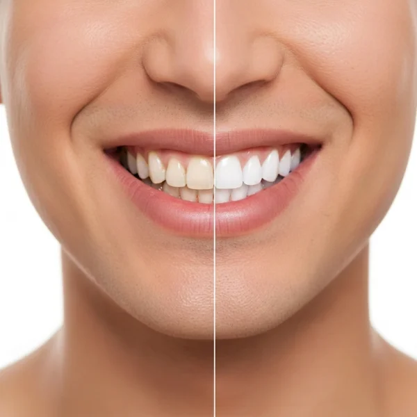 photo of a womans teeth before and after having teeth whitened